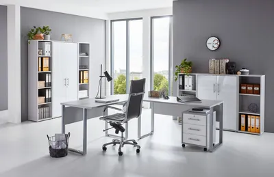 Produktbild von Büromöbel-Set TABOR PRO 5 in lichtgrau / weiß Hochglanz, Arbeitszimmer, Komplett-Set