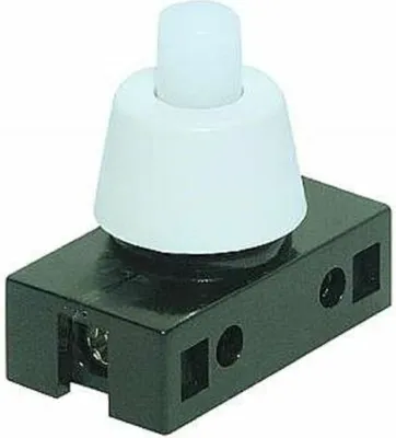 A close-up studio shot of a white and black push-button switch.