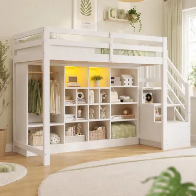 Image de Lit superposé 90x200 cm avec armoire, étagères, escalier de rangement et éclairage LED, barrière de sécurité, lit multifonction en bois massif, blanc