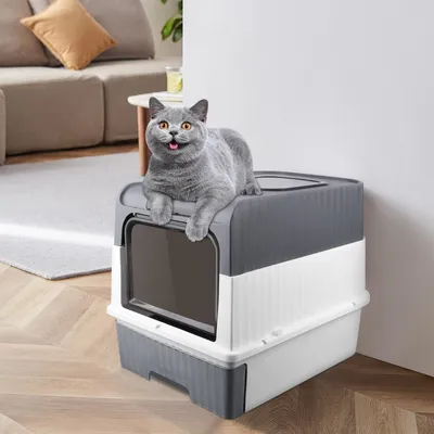 Produktbild von Katzentoilette mit Deckel, Katzenklo Groß,Geruchlose Katzentoilette mit Kapuze, mit Streuschaufel 49x37x35cm Grau+Weiß