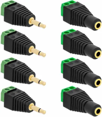 Produktbild von 4X Klinken Stecker + 4X Buchsen 3,5mm Adapter > Terminalblock 2 Pin Schraub Klemme Set