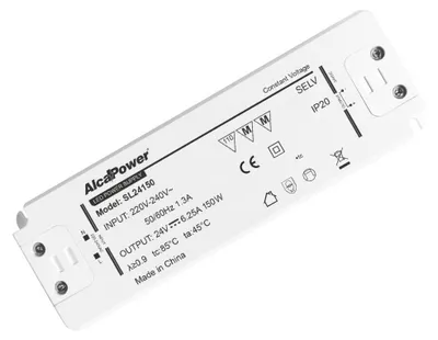 Productafbeelding van Alcapower schakelende voeding, 24V, 150W, 6.25A, IP20, transformator voor laagspanningsverlichting, professionele installatie bij 230V AC.