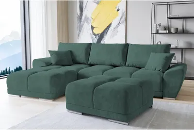 Produktbild von Set Velvet Ecksofa in L-Form 289 x 189 cm + Polsterhocker, Sofa mit Schlaffunktion, Fußhocker, Schlafsofa mit Bettkasten, Sitzpouf Farbe: Grün