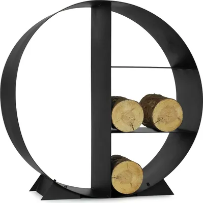 A black metal firewood rack with logs inside, set against a white background.
