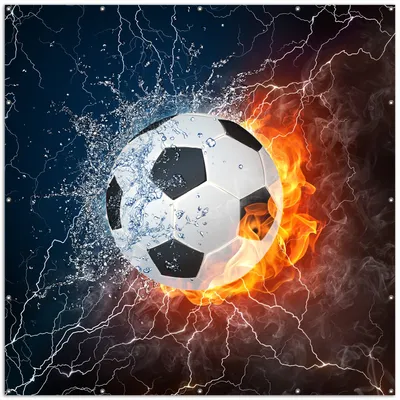 Produktbild von Wallario XXL Outdoor-Poster für Garten oder Balkon, Motiv Fußball - Feuer und Wasser, in ca. 200 x 200 cm