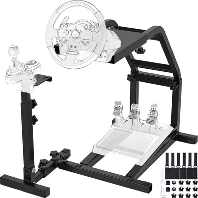 A racing wheel stand with a steering wheel, pedals, and gear shifter attached.