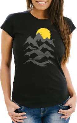 Produktbild von Wandern Damen T-Shirt Berge Sonnenaufgang Moonworks® schwarz L