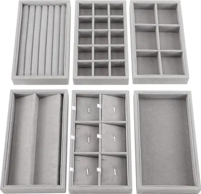 Produktbild von Belle Vous 6er Pack Stapelbarer Schmuck Organizer aus Grauem Samt - Schmuckeinsatz für Schubladen in 6 Verschiedenen Designs - Insgesamt 36 Fächer für