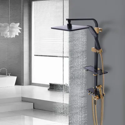 Produktbild von Duschsystem mit Thermostat Regendusche 38℃ intelligente Thermostatsystem Mischbatterie Armatur Dusch Set Handbrause Kopfbrause (schwarz+gold)