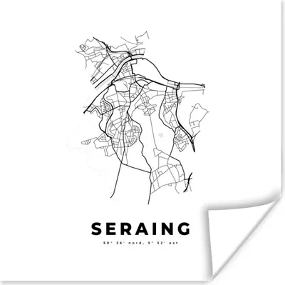 Produktbild von MuchoWow® Poster Karte - Stadtplan - Seraing - Belgien - Schwarz und weiß 50x50 cm - Wohnzimmerdekoration