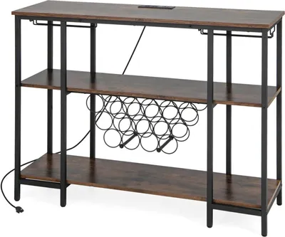 Produktbild von KOMFOTTEU Weinregal mit Steckdosen für 15 Flaschen & Glashalter, Flaschenregal freistehend, Mehrzweckregal Küchenregal 113 x 35 x 85 cm (Braun)