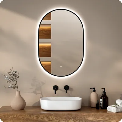Produktbild von Mirlux Badezimmerspiegel mit LED-Beleuchtung & Heizung - Wandspiegel Oval - Anti-Kondensations-Duschspiegel - Schwarz - 90x60CM