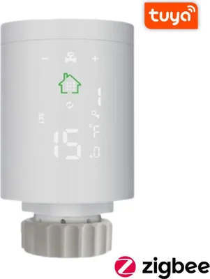A white smart thermostat head with a digital display and a Tuya logo in the top right corner and a Zigbee logo in the bottom right corner.