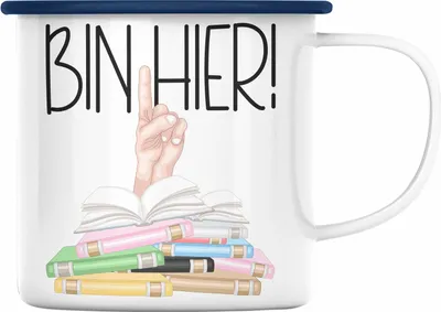 Produktbild von Trendation - Leseratte Geschenk Emaille Tasse Buch Grafik Bücher Lesen Bücherwurm Geschenk Spruch Lesen Bin hier (Blau)