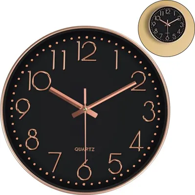 Produktbild von 12 Zoll Wanduhr modern, leise Sweep-Uhrwerk, Schwarz mit Goldrahmen, Metallzeiger, Kunststoffzifferblatt, für Wohnzimmer, Schlafzimmer, Büro
