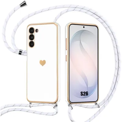 Image de Coque pour Samsung Galaxy S26, Protection Silicone Anti-Rayures Motif Coeur avec Cordon Blanc