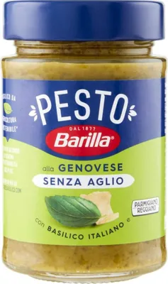 A jar of Barilla Pesto Genovese without garlic.