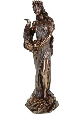 A bronze statue of Fortuna, the Roman goddess of luck, holding a cornucopia overflowing with coins.