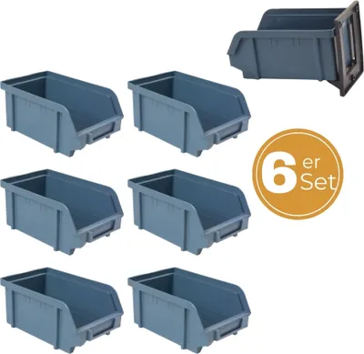 A collage of blue storage bins, with a circular graphic indicating a set of 6.