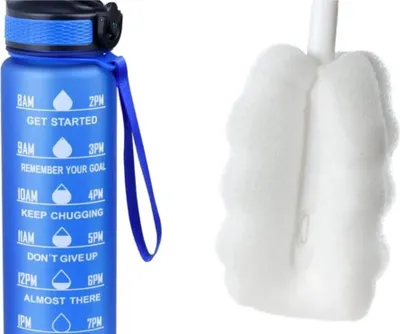 Produktbild von Sport Trinkflasche 1 Liter mit Motivations-Skala und integriertem Strohhalm – Trinken während deiner Aktivität (Blau + Reinigungsbürste)