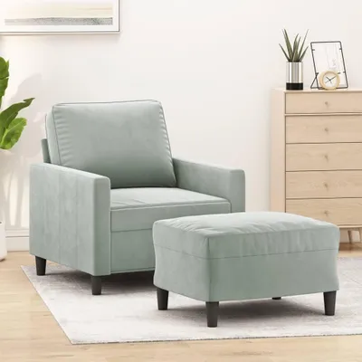 Produktbild von Hellgrauer Sessel mit Hocker, 60 cm, aus Samt, Möbel, Sofas, 19.85kg