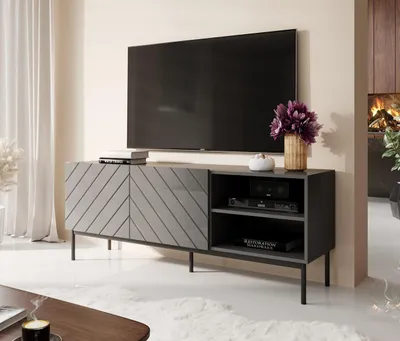 Zdjęcie produktu dla Szafka RTV Abeto na czarnym stelażu ze stali, grafit/grafit połysk, 150x42x60 cm