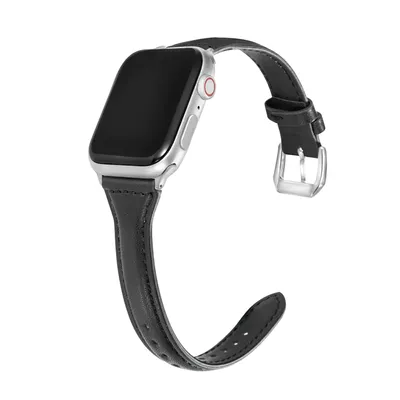 Produktbild von FFO2World 14 mm schlankes Lederarmband für Apple Watch 42/41/40/38 mm (Serie 1–11, SE) – elegantes Echtleder-Armband – Schwarz