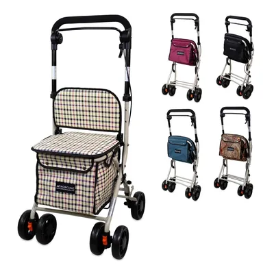 A collage of a rollator walker with a seat and shopping bag, showing different bag colors.