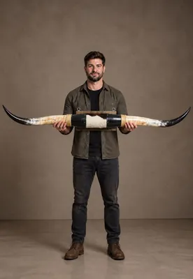 Produktbild von Longhorn Wandobjekt Modell 14 - Naturhorn Einzelstück mit Leder & Wandhalterung -