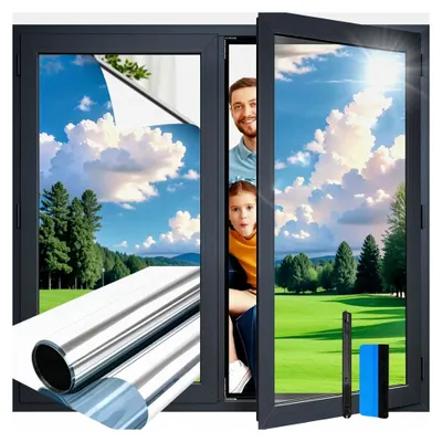 Produktbild von Fensterfolie Sonnenschutz Spiegelfolie Sichtschutz 44,5x200cm mit Montagematerial UV-Schutz Hitzeschutz Selbsthaftend von Innen Durchsichtig von Außen Wiederverwendbar Silber