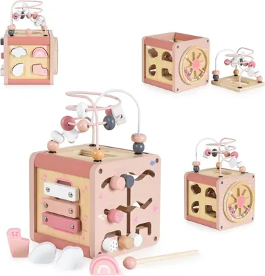 Produktbild von Moni Aktivitätswürfel Holz W11B316, Sortierspiel, Xylophon, Labyrinth, Motorik rosa