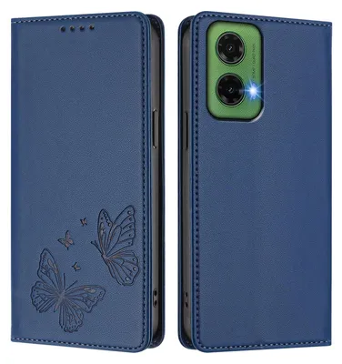 Produktbild von Lederhülle für Motorola Moto G35, Schmetterling Prägung Leder Brieftasche Schutzhülle mit Ständer Dunkelblau