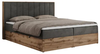 Produktbild von MKS MEBLE Boxspringbett 180x200 mit Bettkasten Eiche, Polsterbett 180x200 mit Matratze H4, Bett 180x200 mit Kopfteil, Bett mit Holzrahmen in Wotan Eiche - Dunkelgrau Velvet - Bellissimo
