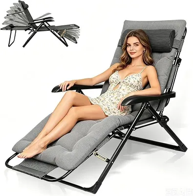 Imagen del producto de Tumbona plegable con cojín y almohada, silla reclinable para jardín con función de tumbona, tumbona para jardín resistente a la intemperie, respaldo ajustable en 7 posiciones, silla para jardín con capacidad de hasta 150 kg, tumbona para balcón (gris)