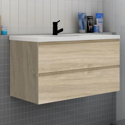 Produktbild von Badezimmermöbel 100cm CINIC-Serie Keramik Waschtisch mit Unterschrank Hängeschrank Badezimmerschränke mit 2 Schubladen Eiche