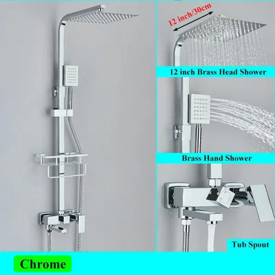 Immagine prodotto di Doccia a pioggia - Sistema doccia - Soffione da 30 cm, con ripiano, binario regolabile in altezza, deviatore a 3 vie, miscelatore monocomando con rubinetto per vasca, montaggio a parete - Cromo