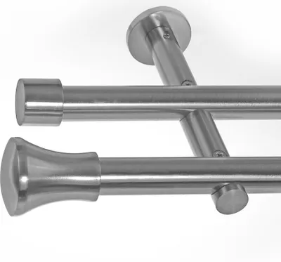 A close-up view of a double curtain rod set made of brushed metal, mounted against a white background.