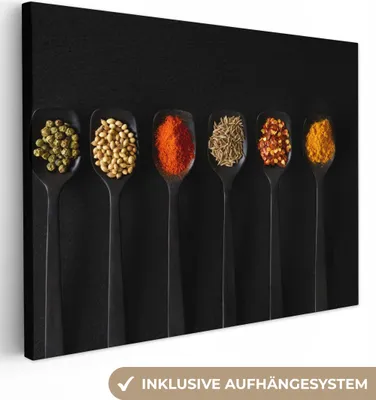 Produktbild von MuchoWow® - Leinwandbilder - Löffel - Gewürze - Schwarz - Gewürze - Rustikal, Wandbild, Wanddeko Bilder Wohnzimmer, 40x30 cm