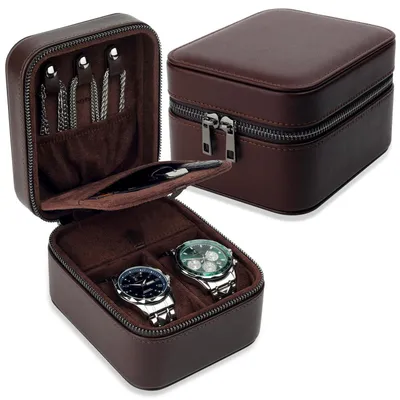 Produktbild von Uhrenbox Herren für 2 Uhren, Reise-Etui aus Kunstleder, mit Ringrollen & Zubehörfächern, bis 50 mm