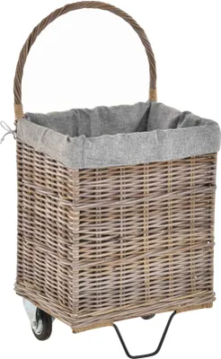Produktbild von KRINES HOME Holzwagen / Kaminholzwagen aus Rattan-Naturrohr / stabiler Eisenrahmen / 48x38x95 mit Stoffinlett