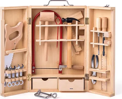 A wooden toolbox filled with various tools, laid out in an organized manner.