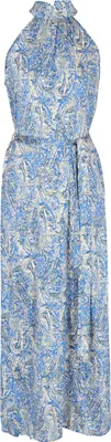 Produktbild von Damen Boho Kleid blau L mit Paisley-Print, Gürtel und Seitenschlitzen