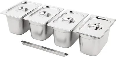 Produktbild von Vogue Edelstahl Gastronorm Behälter Set 4 x 1/4 mit Deckel