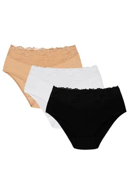 Produktbild von Wolbar damen slip 3-er pack unterhose unterwäsche baumwolle spitze wb415, beige-weiß-schwarz, l