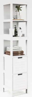 Produktbild von Hochschrank schmal, Badschrank Badezimmerschrank mit 3 Ablage & 2 Schubladen, Badhochschrank Badregal aus Holz, 30x30x145 cm, weiß