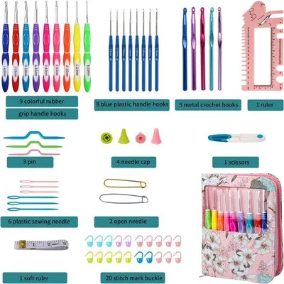 Produktbild von Famanu Häkelnadeln Set mit Organizer Tasche, 60 Stück Ergonomische Häkelnadeln von 0,6 mm bis 10 mm - Rot