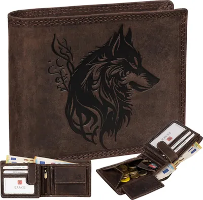 Produktbild von RFID Büffel Echt Leder Geldbörse Portemonnaie Herren mit geprägtem Motiv Braun Querformat Wolf