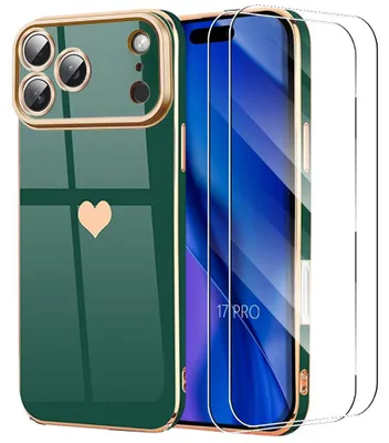 Image de Coque + 2 Verres Trempés pour iPhone 17 Pro, Silicone Motif Coeur Anti-Rayures Ultra Slim - Vert Nuit
