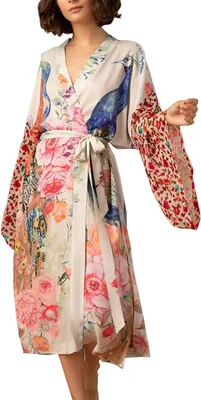 Produktbild von Maxi-Kaftan für Damen im Boho-Stil mit Blumenmuster in Gelb, Einheitsgröße, geeignet als Strandkleid oder Bademantel