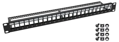 UTP Keystone-Patchpanel für 19 Zoll Serverschränke von HMF mit 24 Ports RJ45 in Schwarz